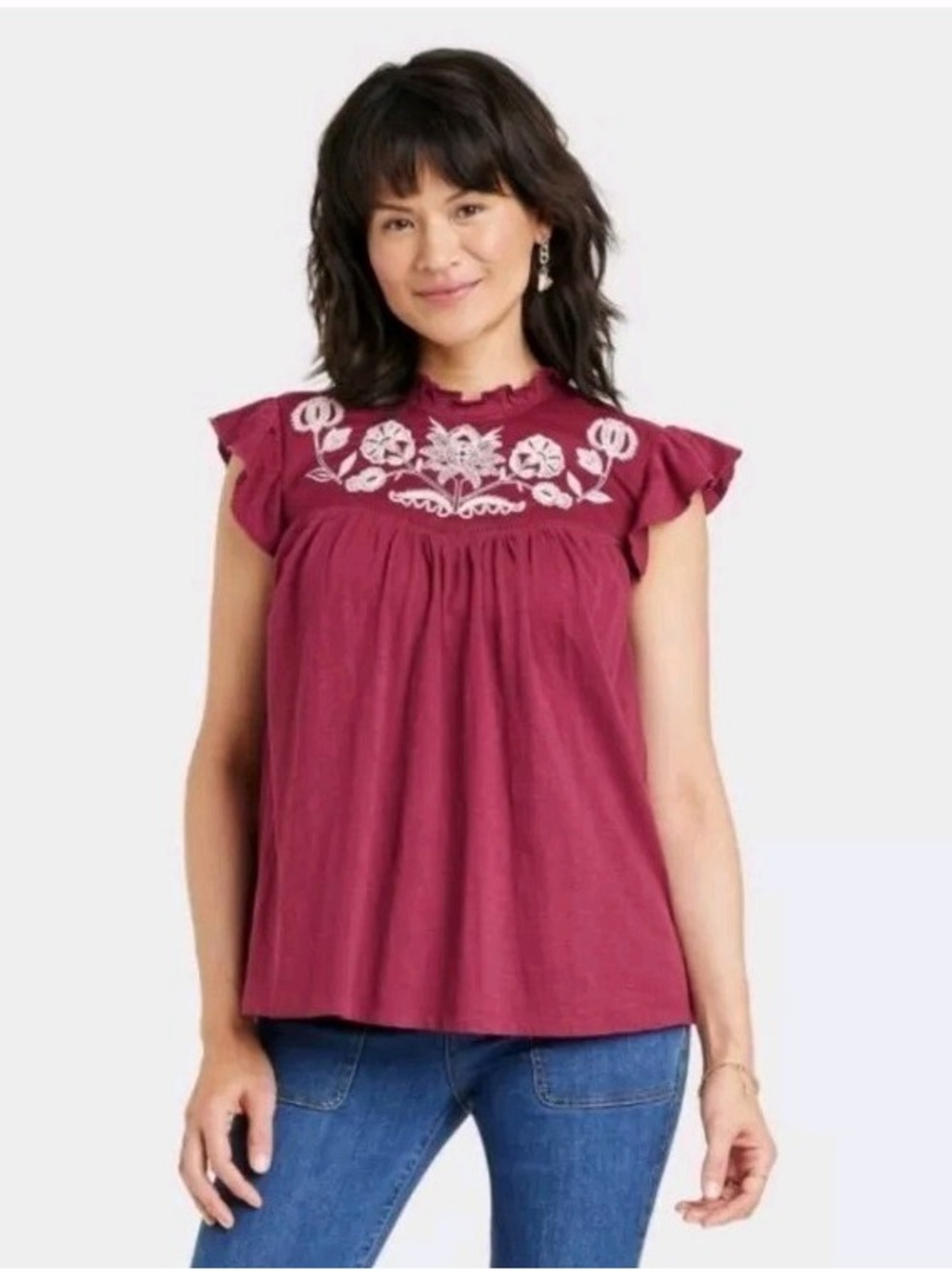 Knox Rose Blouse Floral Embroidery Red Burgundy and Cream size Medium